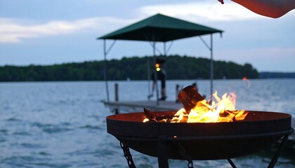 Lakeside fire pit at dusk