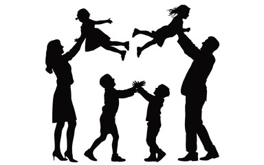 Happy family playing together with children being tossed in the air silhouette isolated on white background