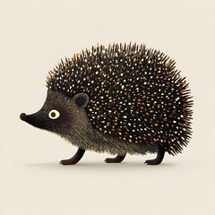 Illustration of a hedgehog with dark quills and white and brown spots on a light background
