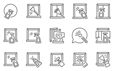 Collection of window cleaning icons showing spray bottles and squeegees isolated on white background silhouette