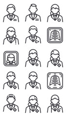 Naklejka premium Collection of medical professional icons and x ray silhouette isolated on white background