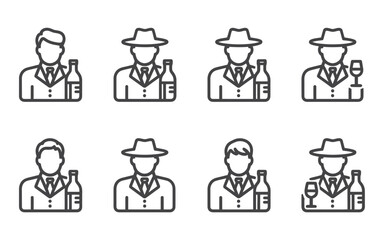 Collection of gentleman icons with wine bottles and glasses isolated on white background silhouette