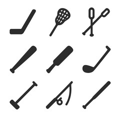 Sports Sticks Icon Set. Solid, filled icon set of sports sticks: hockey stick, lacrosse stick, ski pole, baseball bat, cricket bat