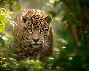 A jaguar walking through the jungle with green leaves surrounding it and sunlight shining through trees