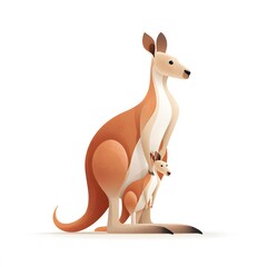 Illustration of a kangaroo with a joey in its pouch standing on a white background looking to the right