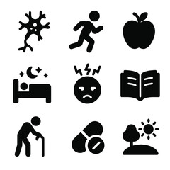 Neurogenesis Influencers Icons. Solid, filled icon set of neurogenesis influencers: growth factors, exercise, diet, sleep, stress,