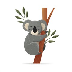 A cartoon koala bear clinging to a tree branch with green leaves on a white background illustration