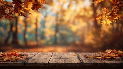 Autumnal scene featuring a wooden surface, forest backdrop and colorful fall foliage