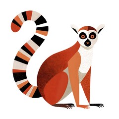 Illustration of a ring tailed lemur sitting with its striped tail curled up on a white background