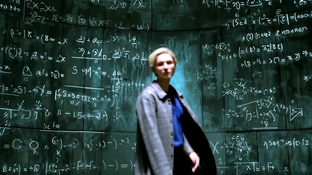 Focused genius studies complex math formula on wall of knowledge