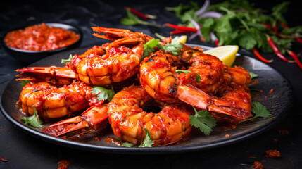Grilled shrimp garnished with herbs and lemon on a dark plate with spicy sauce in the background