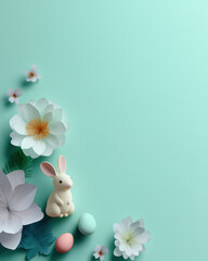 Easter decorations with flowers, bunny figurine, and colorful eggs on pastel background