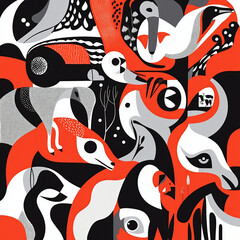 Abstract wildlife composition in bold red, black, and white patterns