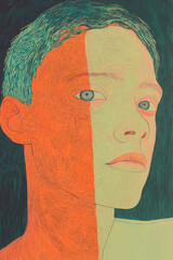 Abstract portrait art with vibrant colors and intricate line details