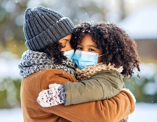Mother and child embrace in winter