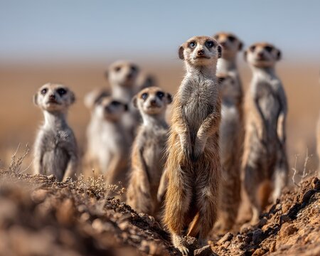 A group of meerkats standing alert in a desert environment under a clear sky during daylight hours