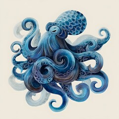 Stylized blue octopus illustration with intricate line work and swirling tentacles on a light background
