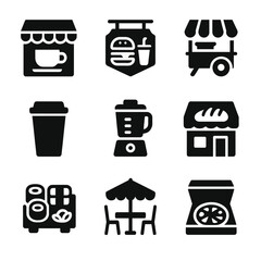 Urban Food Icons. Solid, filled icon set of urban food and drink: coffee shop, fast food sign, food cart, pizza box, takeout cup,
