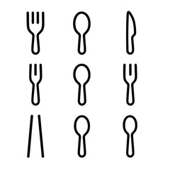 Utensil Icons Grid. Solid, filled icon set of fork and spoon utensils: fork, spoon, knife, salad fork, soup spoon, dessert fork,