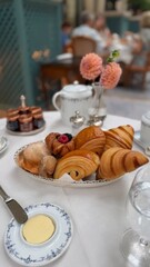 a table with a bowl of croissants and pastries, a small plate of butter, a teapot, and two pink flowers in a vase. The setting appears to be a cozy café or dining area.