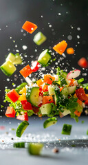 A whimsical downpour of colorful organic vegetables and fresh fruits tumbles from the sky, painting the air with nature’s vibrant palette and nourishing energy.