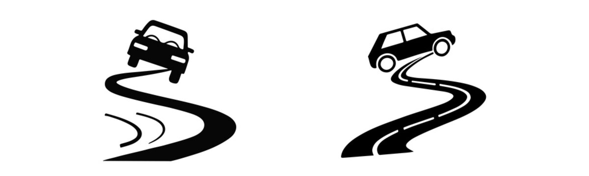 Two monochrome icons of cars on winding roads, one skidding and the other driving uphill.