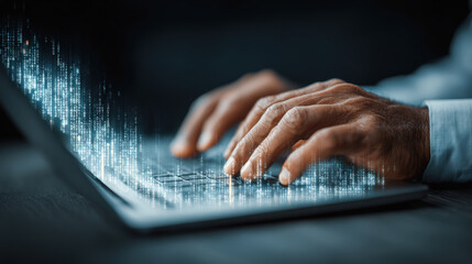 Businessman using laptop, hands typing, digital data visualization, futuristic technology, close up view, focused expression, innovation