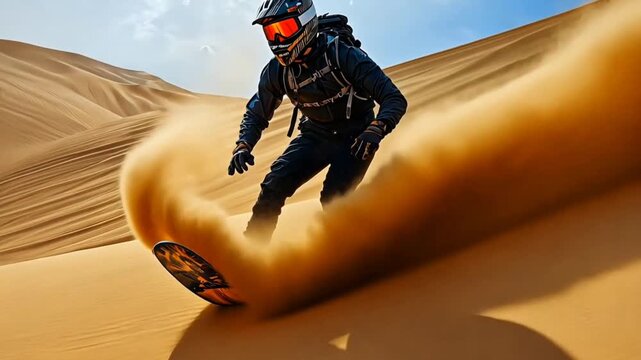 A sandboarder descends a dune kicking up sand in a desert landscape under a partly cloudy sky