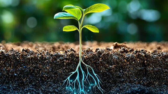 A seedling with white roots is growing in soil It has green leaves and a background of plants