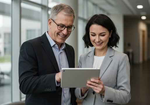 Two smiling business professionals collaborating on a digital tablet in a modern office environment