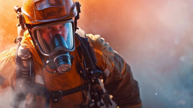 A firefighter in a yellow jacket is wearing a gas mask and is in the middle of a fire