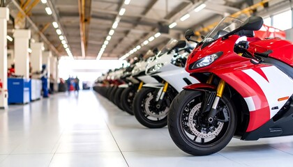 Motorcycles lined up in a warehouse
