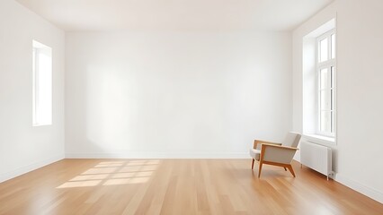 Minimalist living room featuring clean white walls, warm wood flooring, and a single modern armchair in natural light.