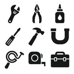 Obraz premium Repair Tools Icons. Solid, filled icons set of repair tools and equipment: adjustable wrench, pliers, pipe