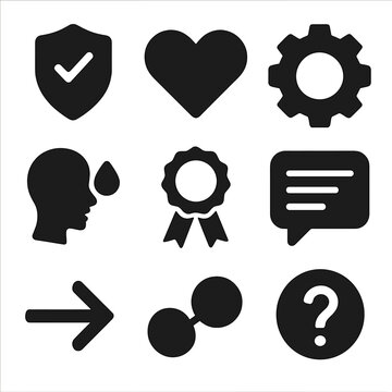 Rhetorical Strategies Icons. Solid, filled icons set of rhetorical strategies: ethos badge, pathos heart,