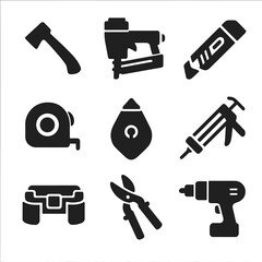 Fototapeta premium Roofing Tools Icons. Solid, filled icons set of roofing tools and equipment: roofing hatchet, nail gun,