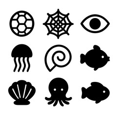 Round Creature Icons. Solid, filled icon set of round creatures: turtle shell, spider web, eye, jellyfish, snail shell, sunfish,