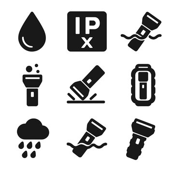 Rugged Flashlight Icons. Solid, filled icons set of waterproof and rugged flashlights: water droplet icon, IPX