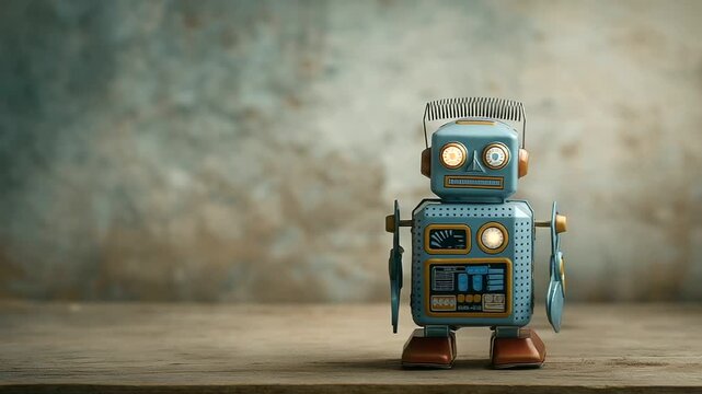 Vintage tin toy robot on a shelf with warm soft light