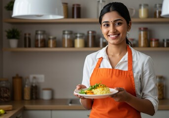 Smiling young woman proudly presents a delicious plate of freshly prepared food in a well stocked kitchen