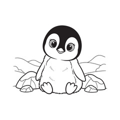 Adorable Baby Penguin Sitting on Ice Surrounded by Snow Drifts in a Winter Wonderland Coloring Page