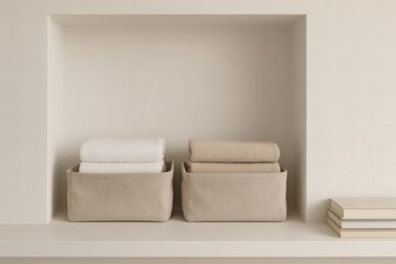 Organized towels in linen baskets on a neutral shelf background  
