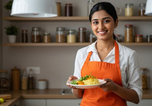 Smiling young woman proudly presents a delicious plate of freshly prepared food in a well stocked kitchen