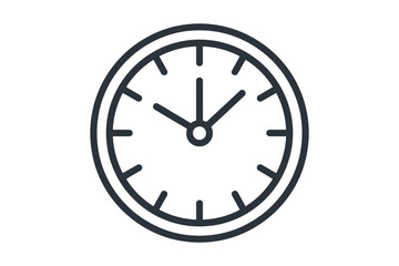 Simple dark line art clock face with hands silhouette isolated on white background