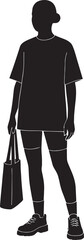 Person holding tote bag wearing shorts and sneakers silhouette black