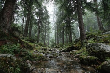 Morning sunlight streams through dense trees illuminating a tranquil stream running through a dense forest in summertime