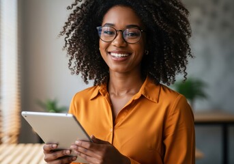 Smiling african american woman wearing glasses holding a tablet computer in a brightly lit professional setting