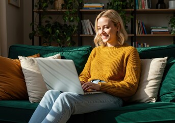 Obraz premium Young woman smiling while working on a laptop computer while relaxing on a comfortable green sofa