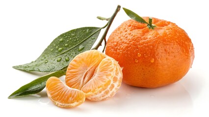 Peeled Clementine and Whole Fruit with Leaves mandarin