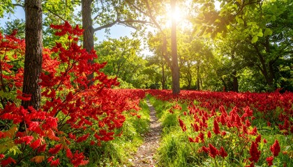 Sunny path through a vibrant red flower field